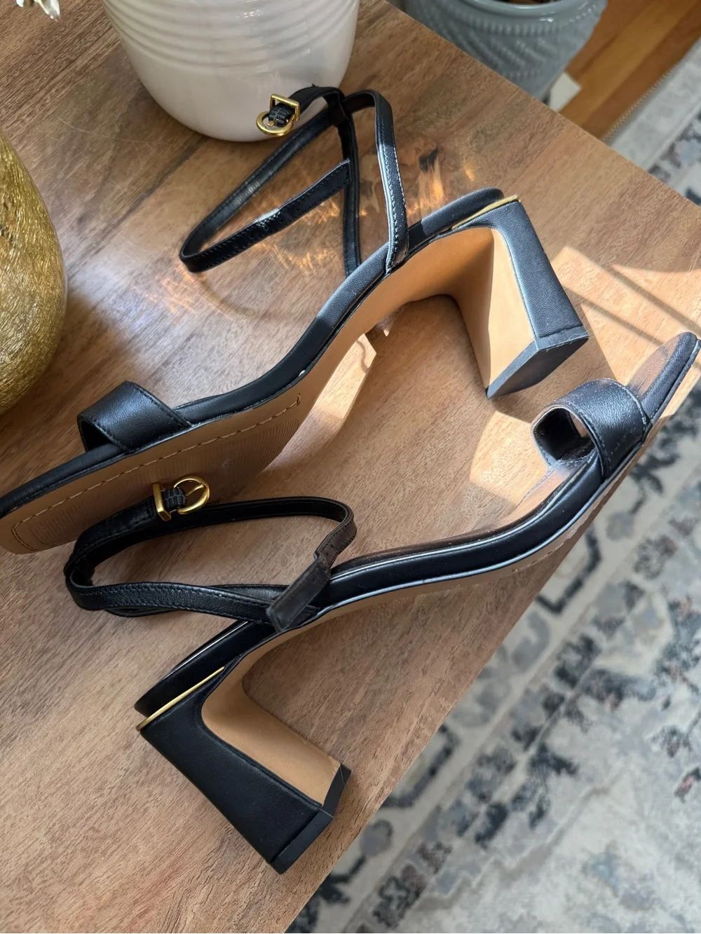 NWOT Vince Camuto Black Leather Ankle-Strap Block Heel Sandals 8.5